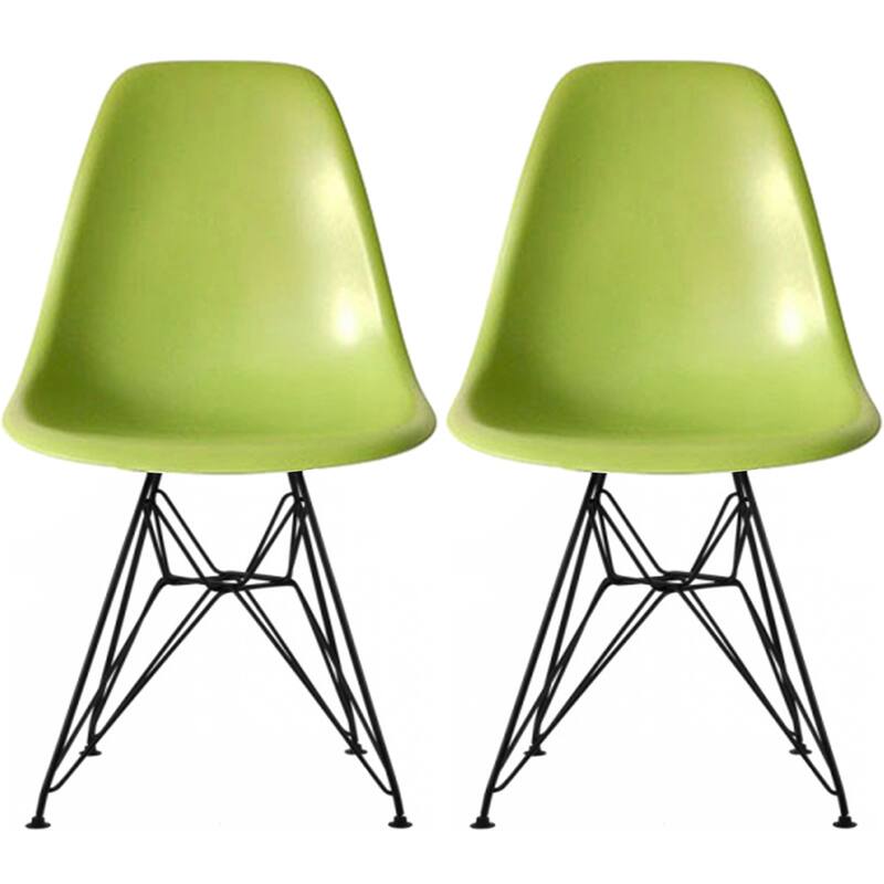 Set of 2 Mid-Century Modern Dining Side Chairs Armless Plastic Shell Seat with Black Metal Wire Eiffel Base, White - Green