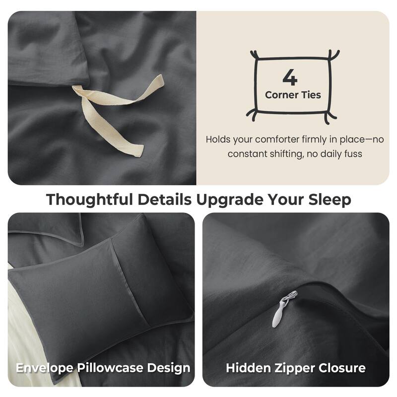 Flax Linen Cotton Blend Duvet Cover Set, Durable, Breathable and Moisture-Wicking, 3 Piece Bedding Set