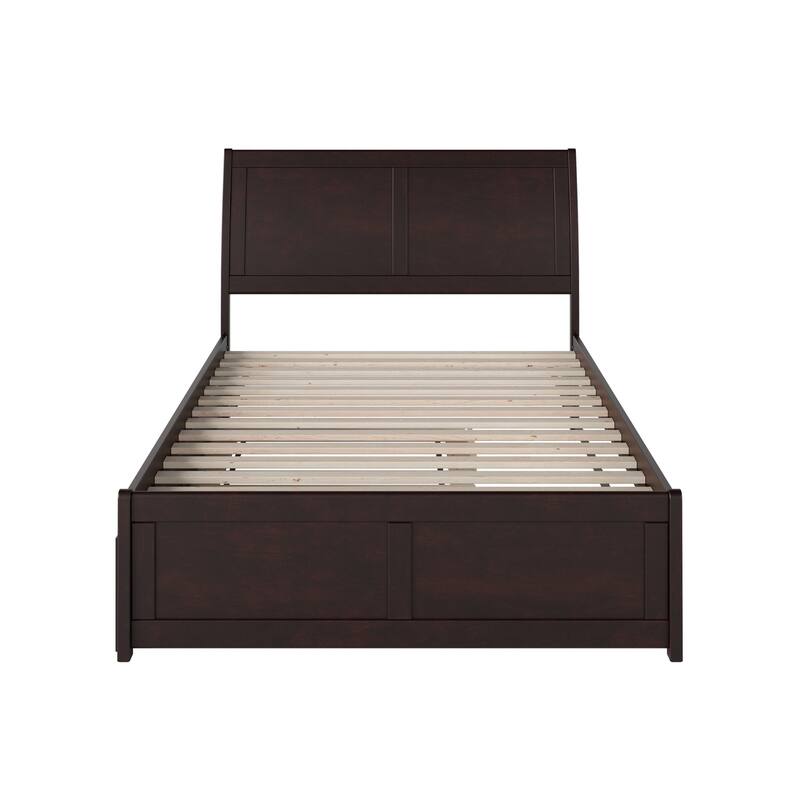 Full Platform Bed with Trundle - Walnut Finish, Baroque Design, Twin Size, Matching Footboard