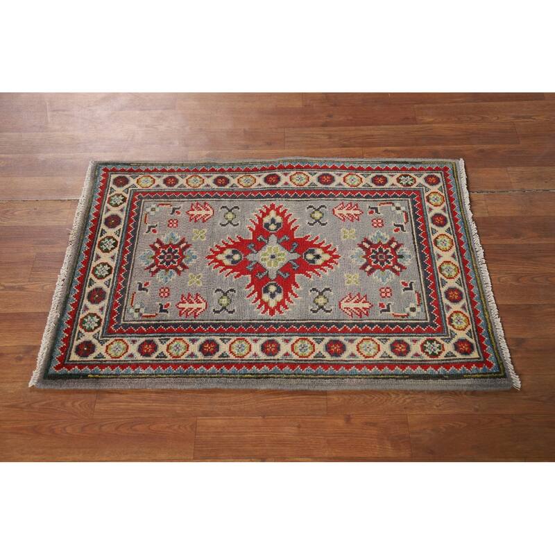 Geometric Kazak Oriental Accent Rug Grey Hand-Knotted Wool Carpet - 2'0" x 3'0"