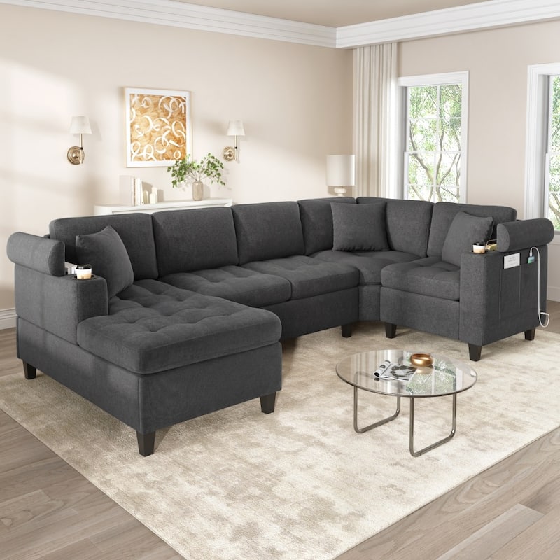 115.7" Modern Corner Oversized Sectional Sofa with Built-in Cup Holders and USB Ports - Grey