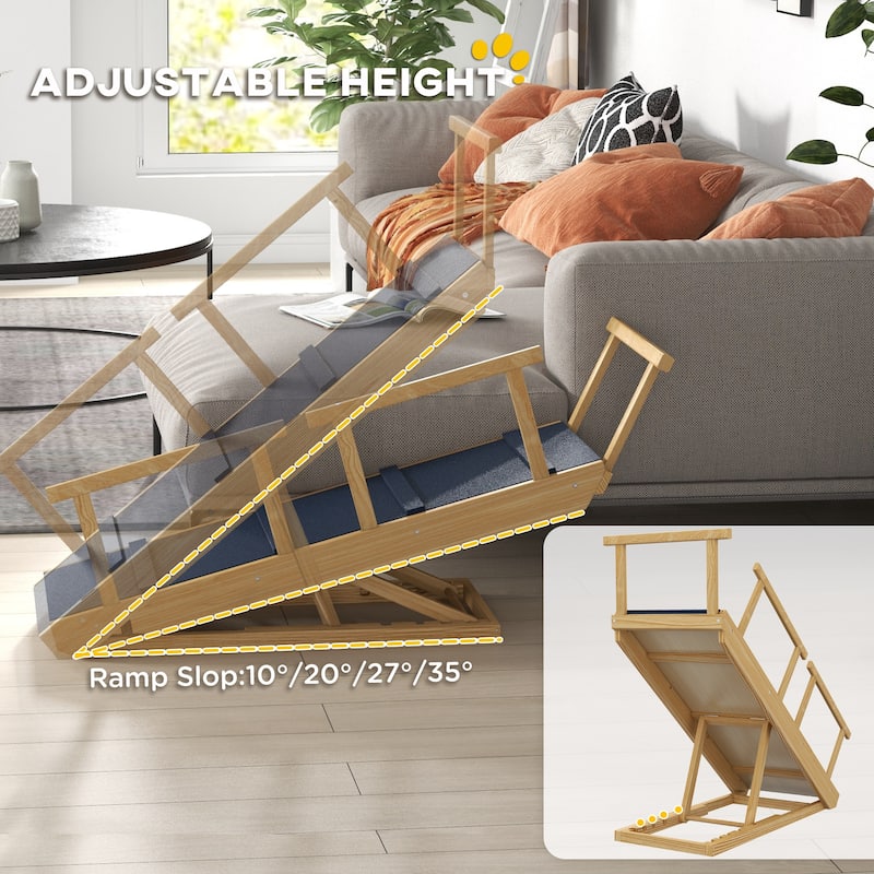 Anmytek Foldable Pet Dog Ramp Stairs Adjustable Height Non Slip for Beds Sofas Large Breeds - Natural Wood