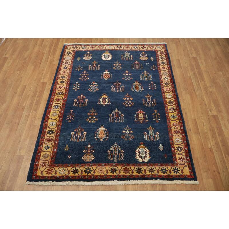 Hand Knotted Oriental 100% Wool Carpet Traditional Tribal Navy Blue & Blues Gabbeh (Qashqai) Area Rug - 6' 7'' X 4' 11''