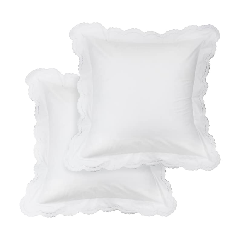 Embroidered Percale Crisp Cotton Double Scallopier Duvet Set and Sham - White Euro Set - Full - 2 Piece
