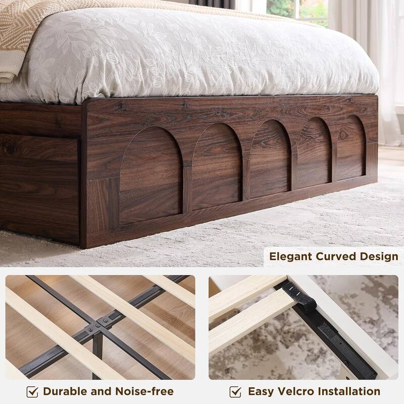 Modern Queen Size Bed Frame, 52" Tall Arched Recessed Headboard