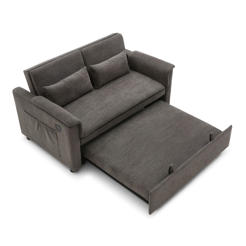 55" Velvet 2-Seater Convertible Sofa Bed, 3-in-1 Pull-Out Loveseat with Adjustable Backrest, USB Ports, Side Pockets