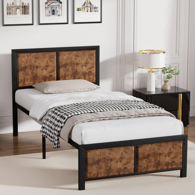 VECELO Platform Bed Frame with Wooden Headboard, Heavy Duty Steel Slats Support, No Box Spring Needed