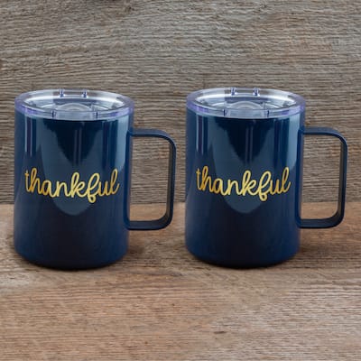 Cambridge Silversmiths Set of 2 -16oz Navy "Thankful" Insulated Coffee Mugs