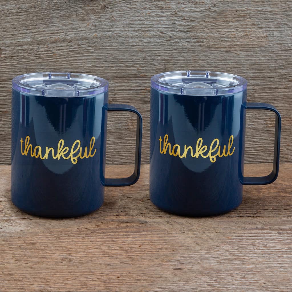 Cambridge Silversmiths Set of 2 -16oz Navy "Thankful" Insulated Coffee Mugs