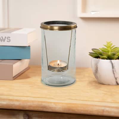 Etched Glass Candle Holder - 8.5" - Clear and Bronze