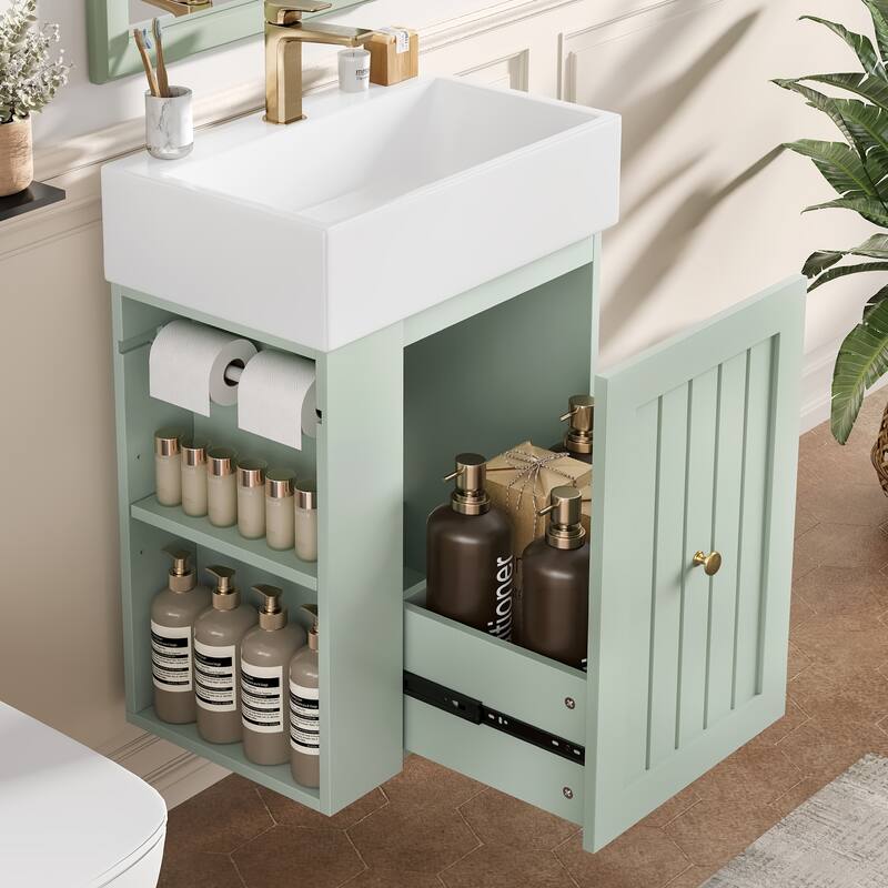 20" Bathroom Vanity with Ceramic Sink - Soft Close Door, Drawer & Side Shelf, Space-Saving MDF Cabinet for Small Bathrooms - Green