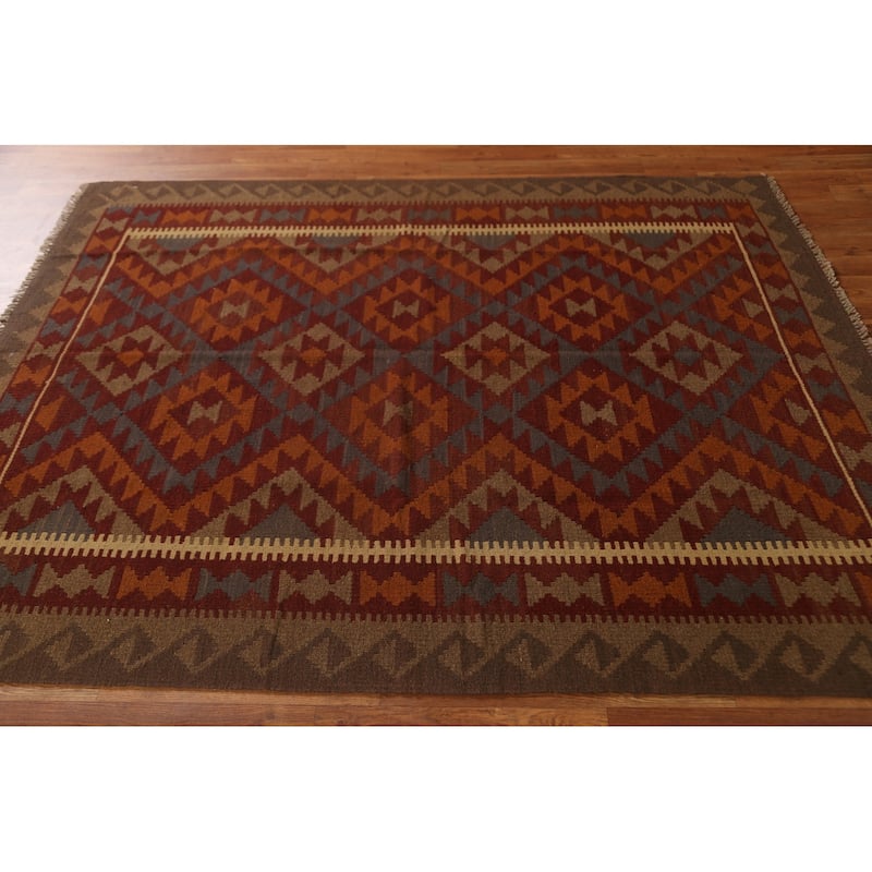 Tribal Geometric Kilim Oriental Area Rug Hand-woven Wool Carpet - 5'0" x 6'6"