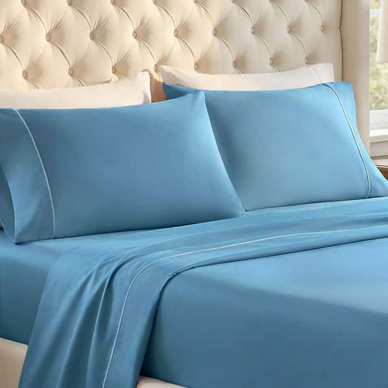 Superior Egyptian Cotton 650 TC Embroidered Pillow Cases, Set of 2 - Standard - Medium Blue/Standard