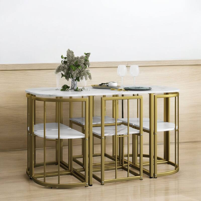 Modern 7-Piece Dining Set with Faux Marble 55" Compact Table and 6 Triangular Chairs for Small Spaces and Dining Room