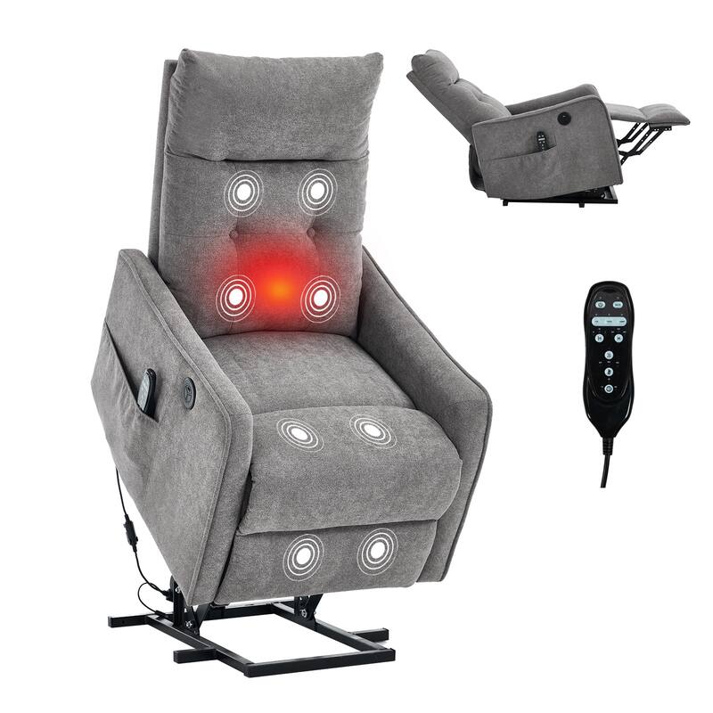 Chenille Power Lift Recliner Chair, Single Motor Heavy Duty Recliner Chair with Massage & Heat, Lounge Sofa Chair with USB Port