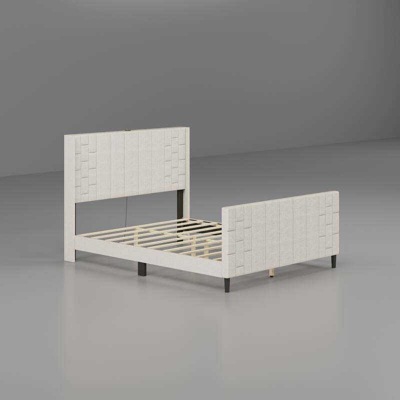 Queen Size Bed Frame with Upholstered Headboard & Footboard Beige