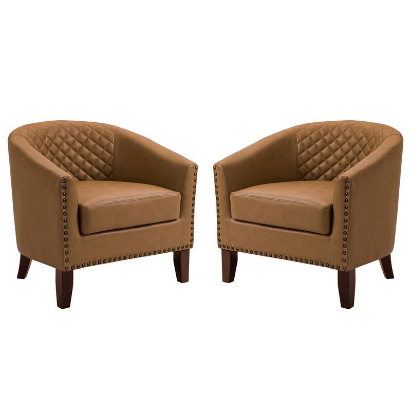 Faux Leather Tufted Nailheads Upholstered Barrel Accent Chairs