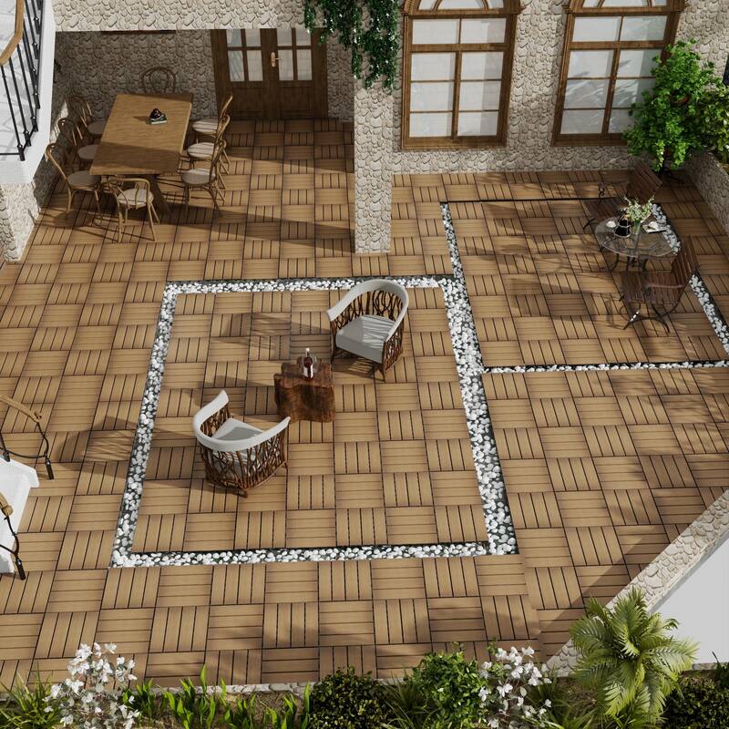 Patio Floor Tiles Pack of 22 WPC Wood-Plastic Composite Patio Deck Tiles DIY Interlocking Decking Tiles-11.8" ASH