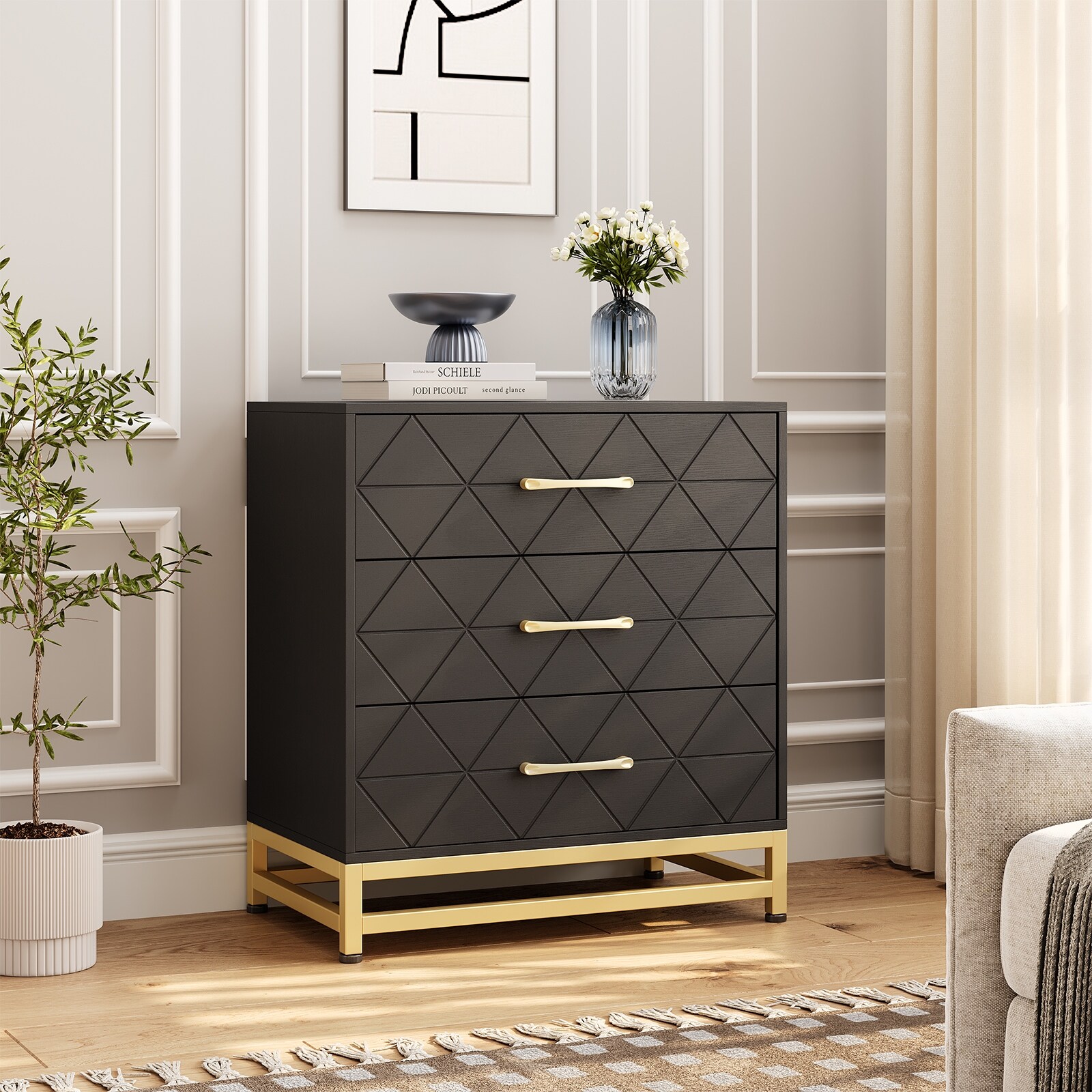 3 Drawer Dresser for Bedroom, Wooden Chest of Drawers with Metal Handles, Compact Bedroom Furniture
