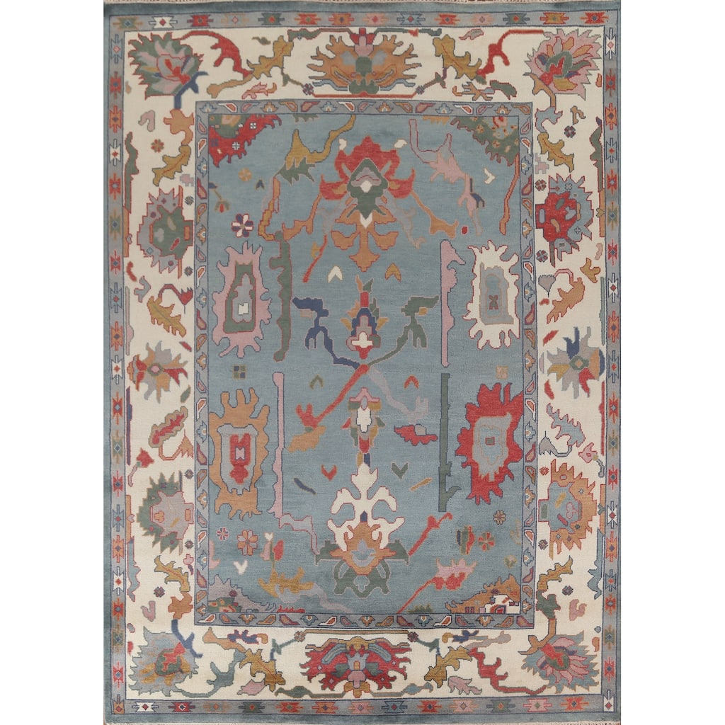 Floral Blue Oushak Oriental Area Rug Hand-Knotted Wool Carpet - 9'3" x 12'0"