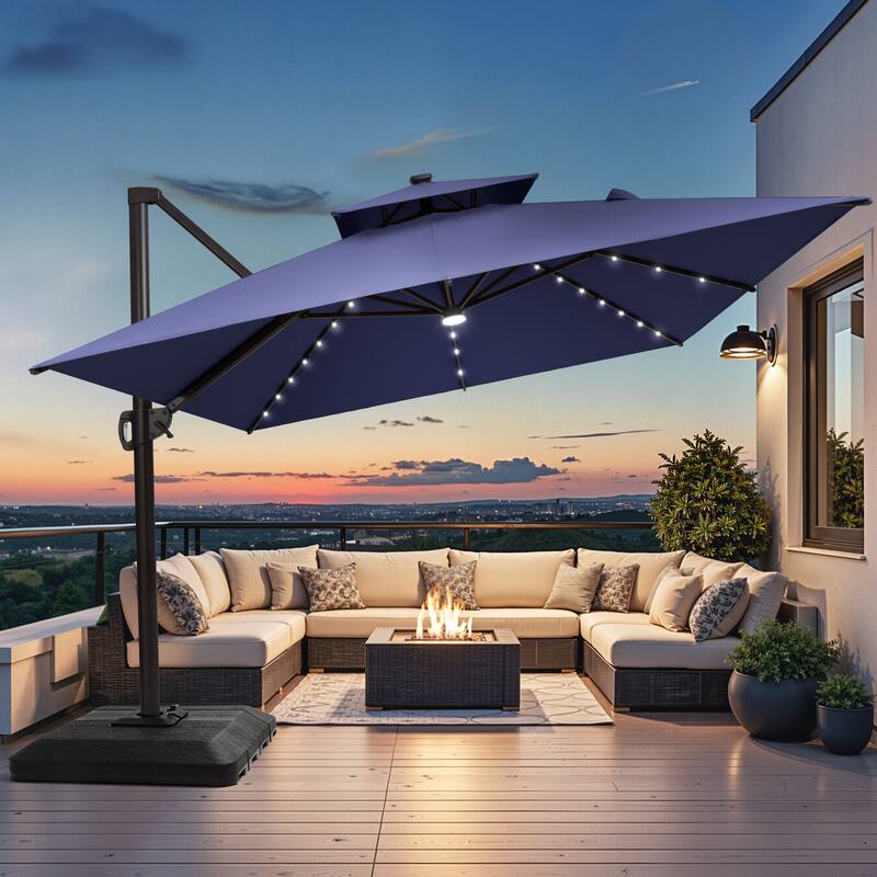 10 X 13 FT Outdoor Patio Cantilever Umbrella with Solar Lights 4-Piece Premium Base Double Canopy 360 Rotation Tilt - NavyBlue