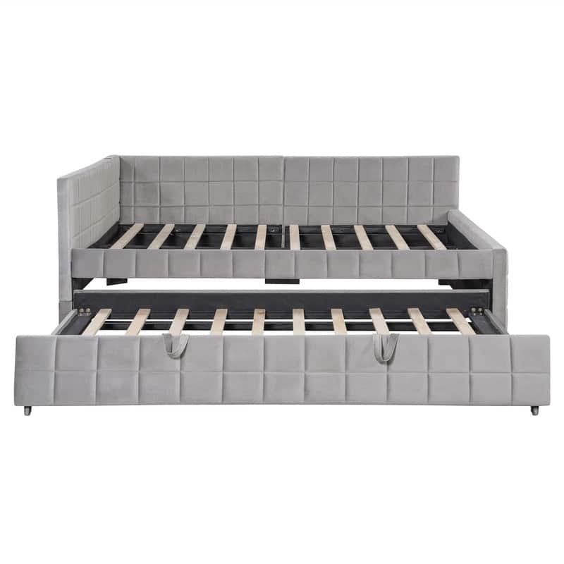 Full Size Upholstered Daybed with Twin Size Pop Up Trundle and USB Ports, Modern Daybed Frame Sofa Bed with L-Shaped Backrest