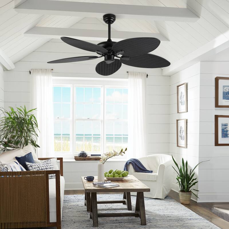 Max 52" Bohemian Industrial Iron/Plastic Mobile-App/Remote-Controlled 6-Speed Palm Blade Ceiling Fan, by JONATHAN Y