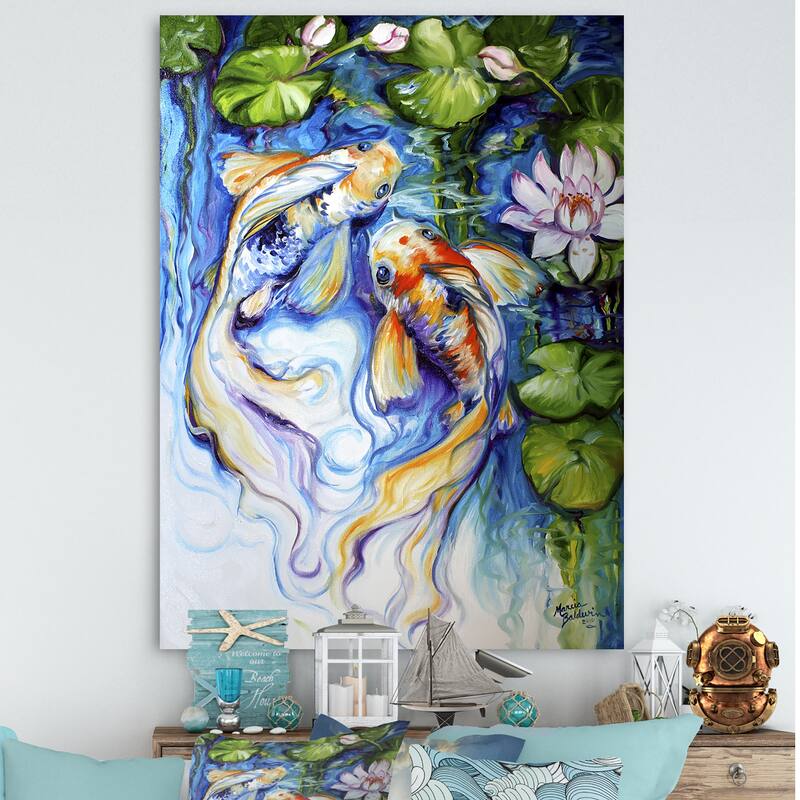 Designart "Koi Koi And Lily" Nautical & Coastal Premium Canvas Wall Art