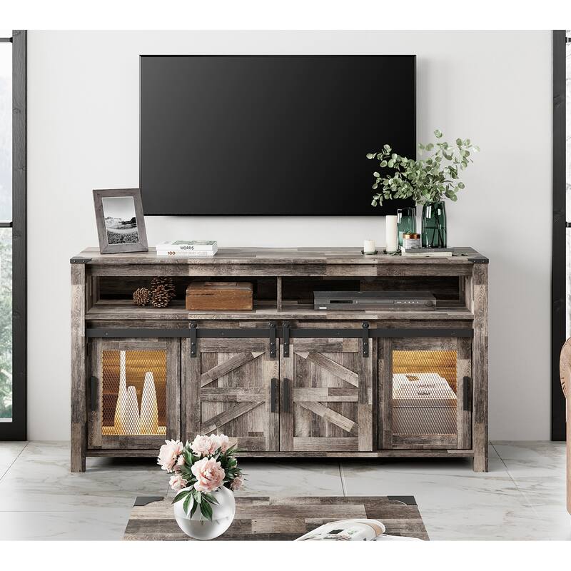 Highboy TV Console with LED Lights, Farmhouse & Industrial, 59 Inch
