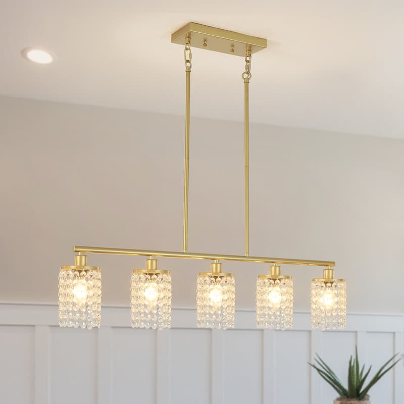5-Light Modern Pendant Light with Crystal Shade for Dining Room - Gold