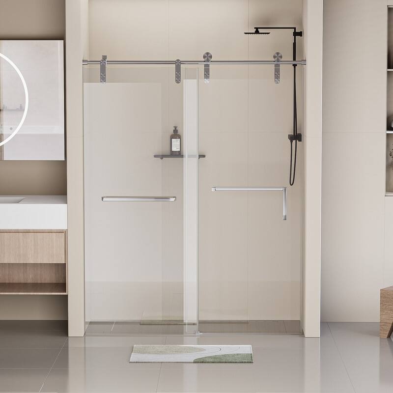 ABRUZZO 56-60" W x 76" H Single Sliding Frameless Shower Door with 5/16" (8mm) Tempered Glass & Dual Towel Bars