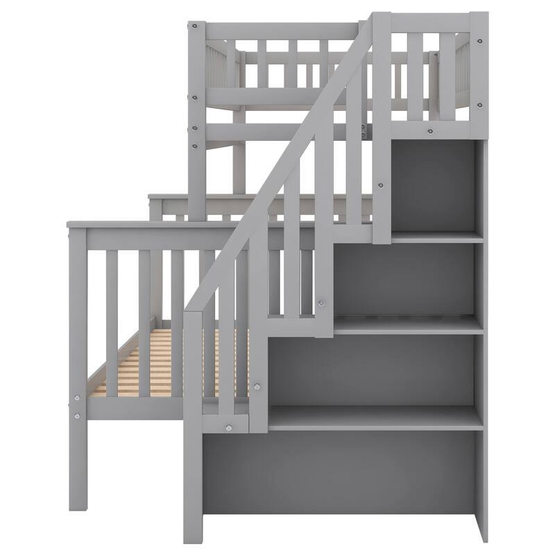 Twin Over Full Wood Bunk Bed with Storage Staircase, Convertible to Two Beds