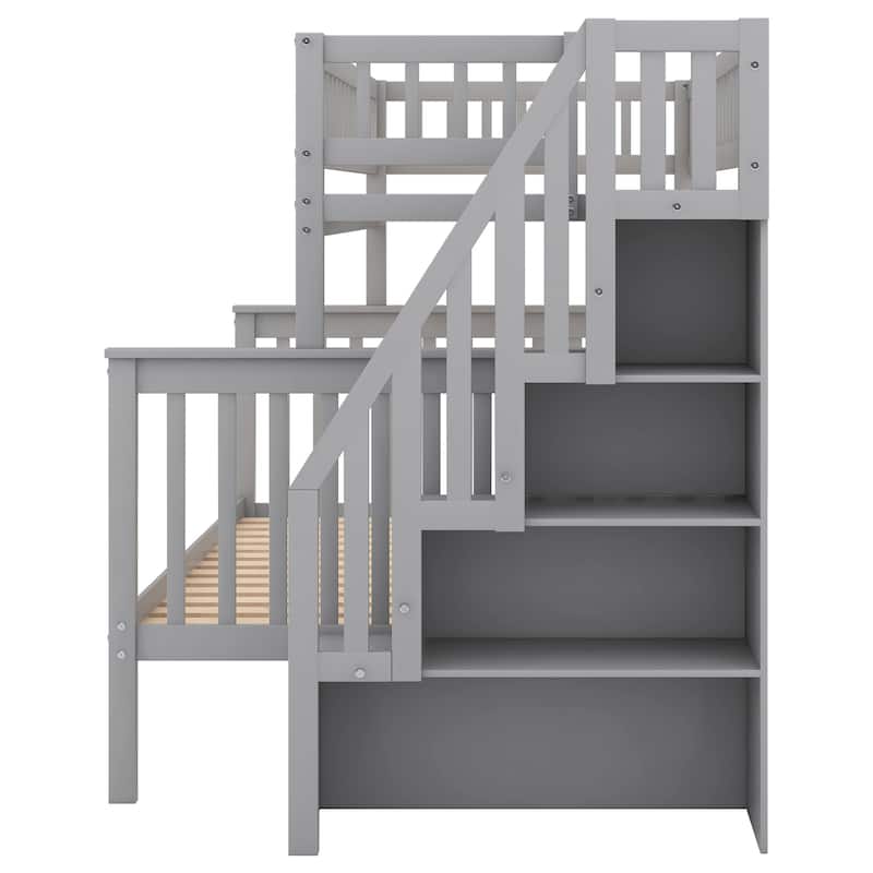 Twin over Full Stairway Bunk Bed with Stairs and Under-Step Storage Shelves, Wooden Support Bed Frame, No Box Spring Needed