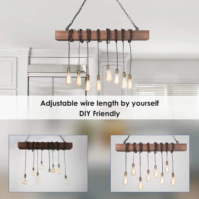 Modern Farmhouse 8-Light Wood Chandelier Linear Island Lights for Dining Room - L 37.5'' x W 5.5'' x H 59''
