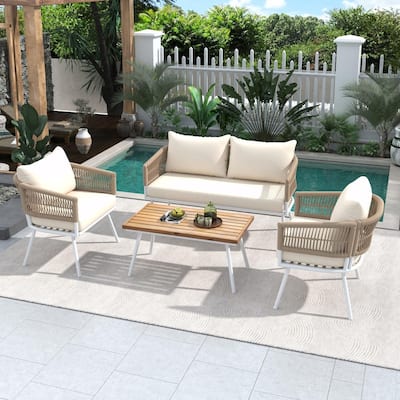 4-Piece Boho Rope Patio Furniture: Outdoor Seating with Acacia Wood Table, Thick Cushions
