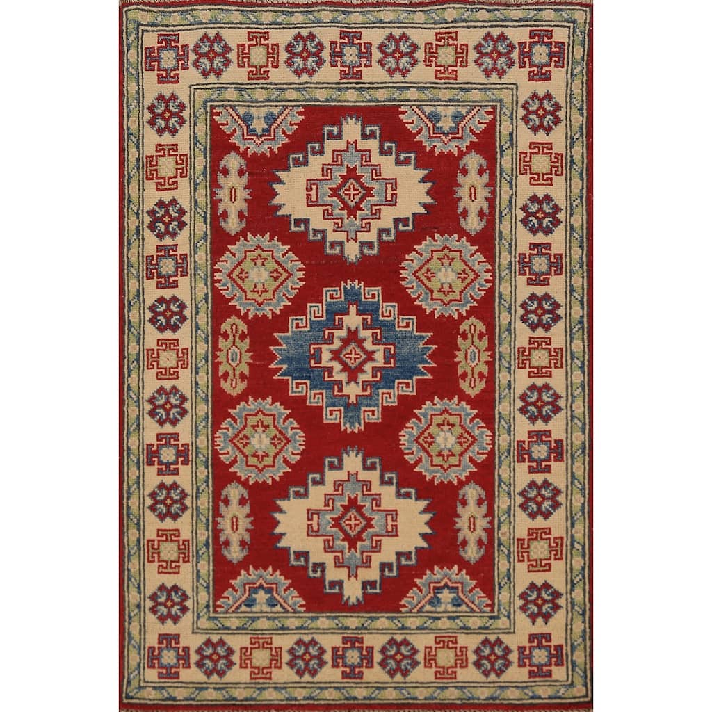 Red Geometric Kazak Foyer Rug Handmade Wool Carpet - 2'8" x 4'3"