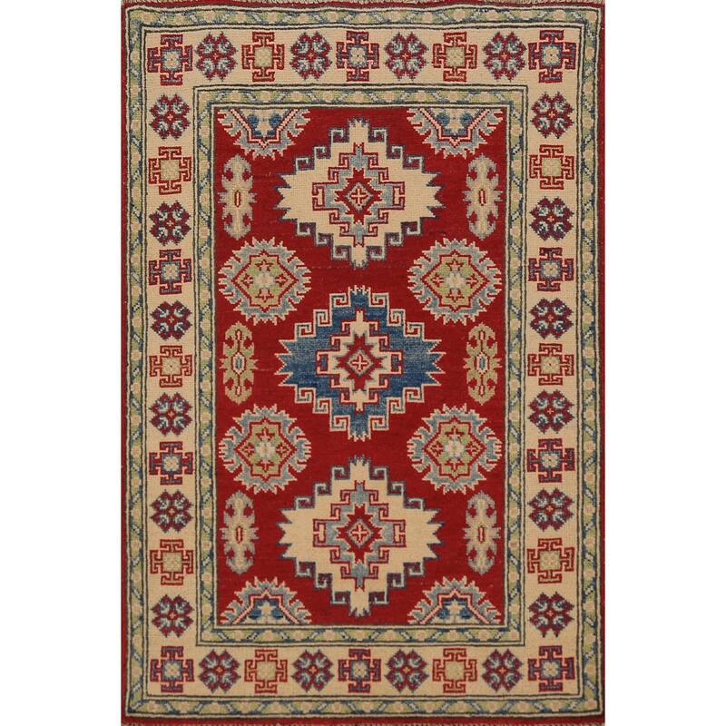Red Geometric Kazak Foyer Rug Handmade Wool Carpet - 2'8" x 4'3"