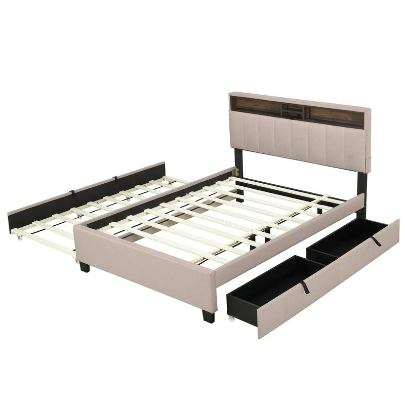 Full Size Upholstered Platform Bed with Storage Headboard, Twin Trundle, Drawers & USB Ports, Beige Linen Fabric