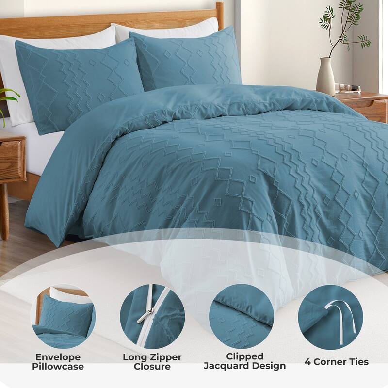 Clipped Jacquard Geometric Duvet Cover & Pillowcase Set - Navy/Diamond - Queen/Full