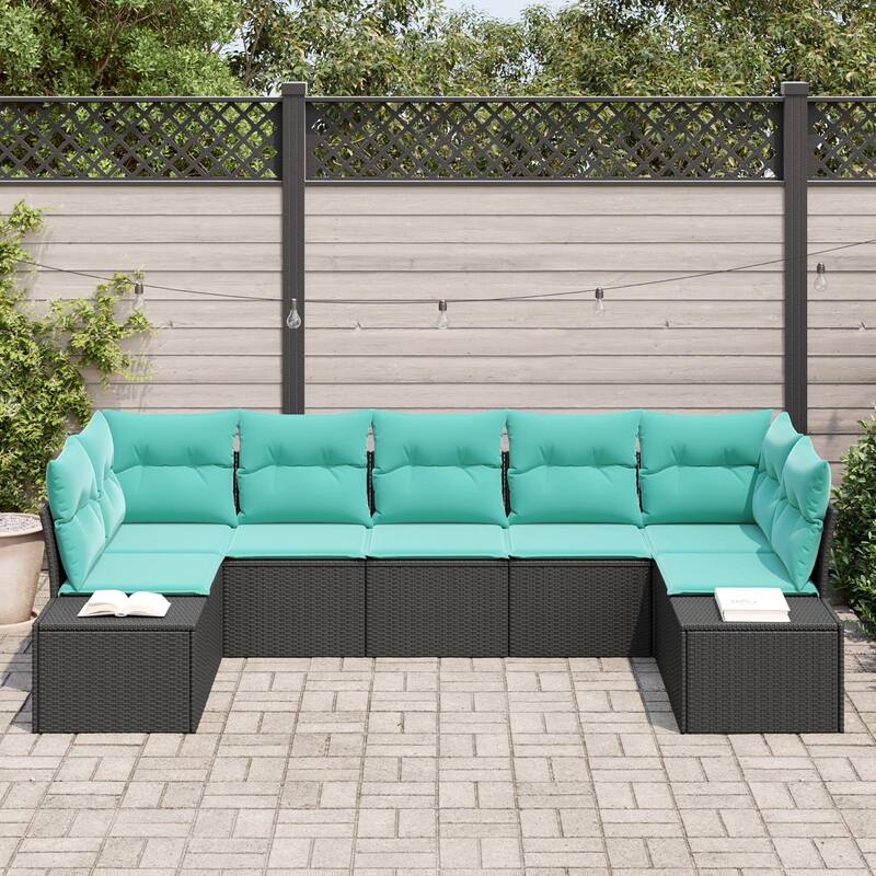 vidaXL 7 Piece Garden Sofa Set with Cushions Black Poly Rattan - 61 x 114 x 27 in