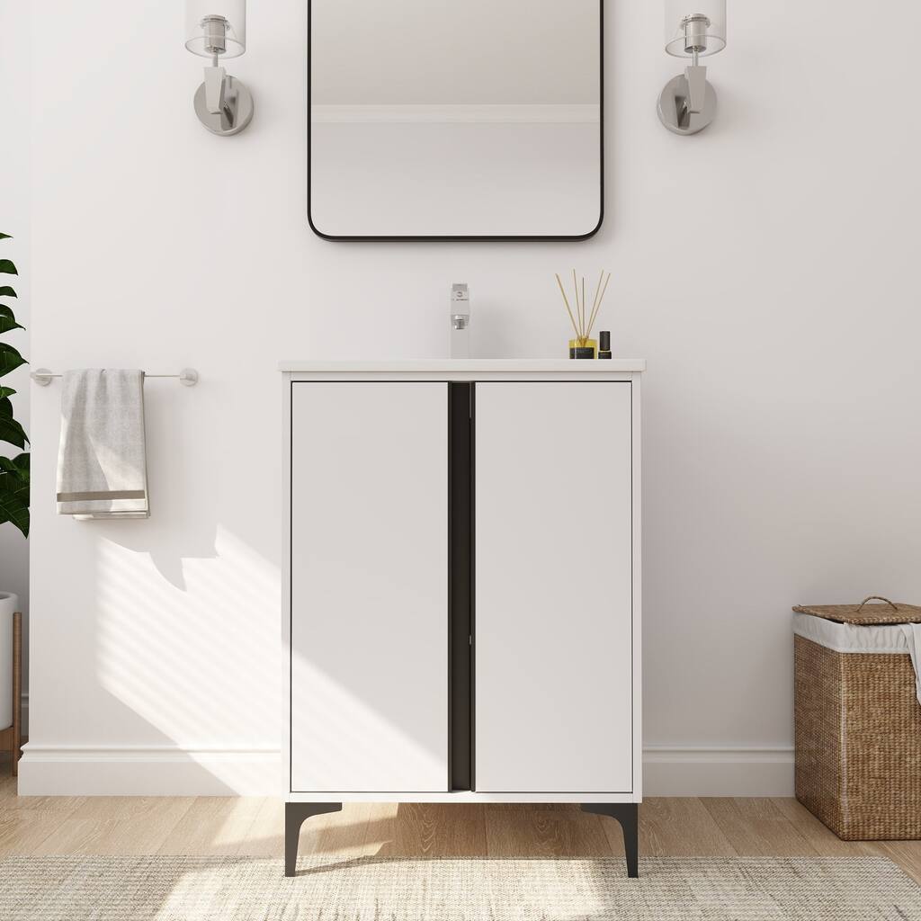 24/30 inch Freestanding Bathroom Vanity Set in White with Integrated Ceramic Sink