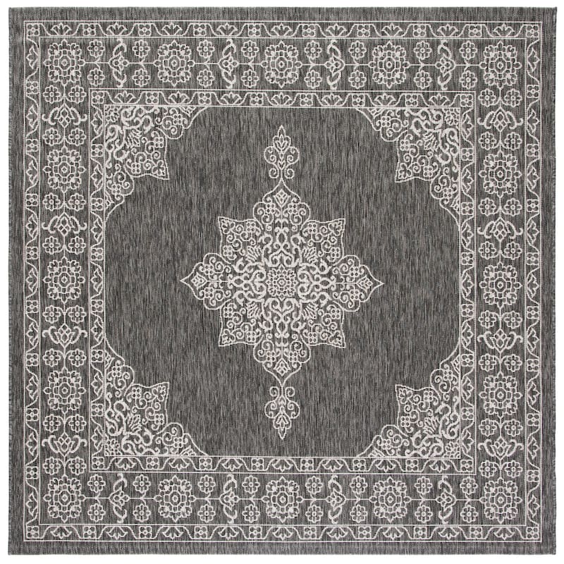 SAFAVIEH Courtyard Maralyn Indoor/ Outdoor Waterproof Patio Backyard Rug - 6'7" x 6'7" Square - Black/Ivory
