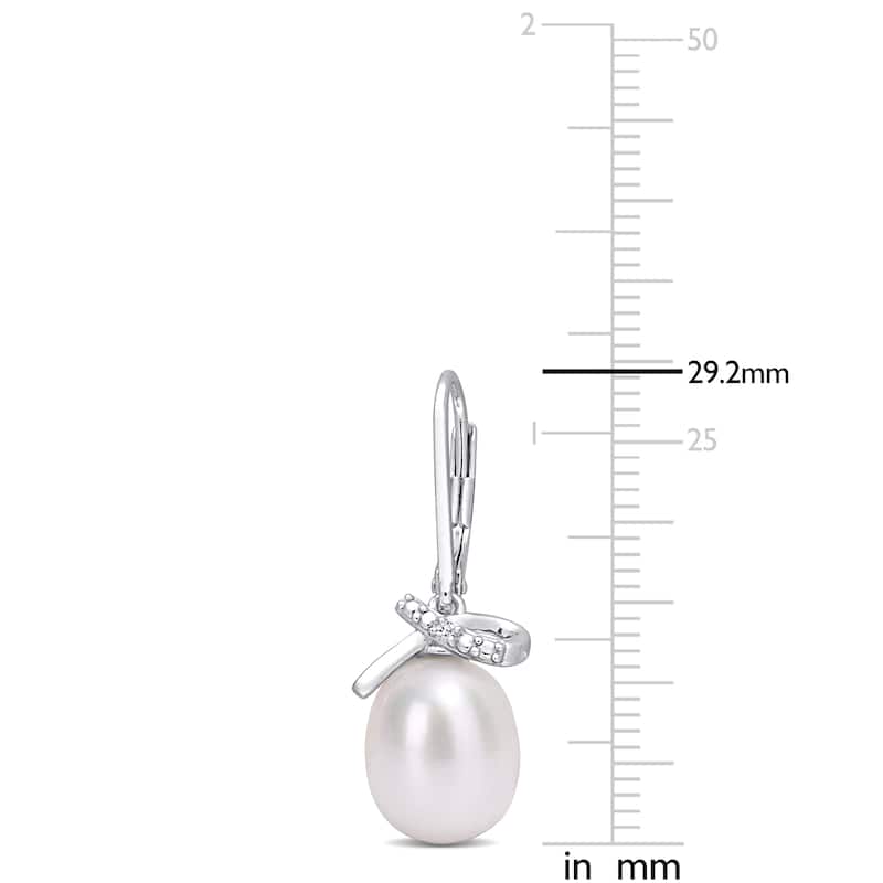 Miadora Sterling Silver Cultured FW Pearl and Diamond Accent Drop Leverback Earrings (7.5-8mm)