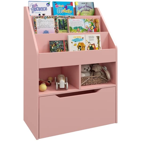 slide 2 of 30, Kids Bookcase Multi-Shelf Rack Organizer with Storage Drawer for Books, Playroom Pink