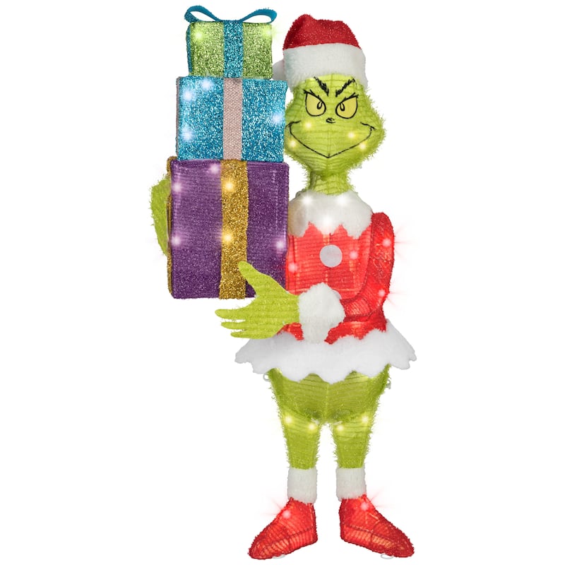3D Holiday Lighted Tinsel Sculpture-Grinch w/Present Stack-Dr. Seuss