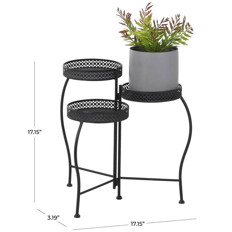 Black Metal Curved Folding 3 Tier Indoor Outdoor Plantstand with Floral and Scroll Patterns
