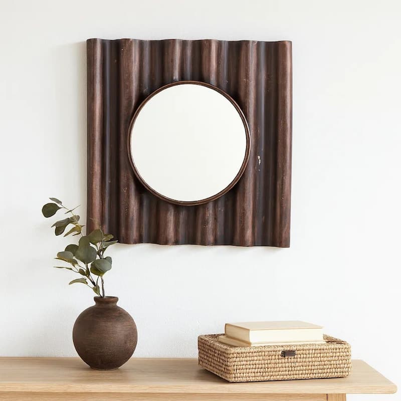 Traditional Style Wooden Round Mirror with Panpipe Style Frame , Brown - clear