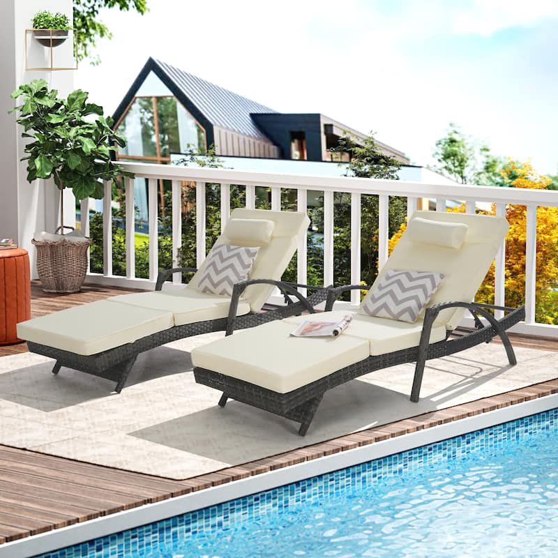 Outdoor Wicker Long Reclining Chair Set of 2 with Cushions