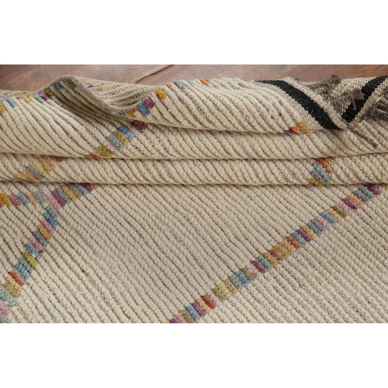 Ivory Moroccan Area Rug Hand-Knotted Stripe Wool Carpet - 4'11"x 8'8"