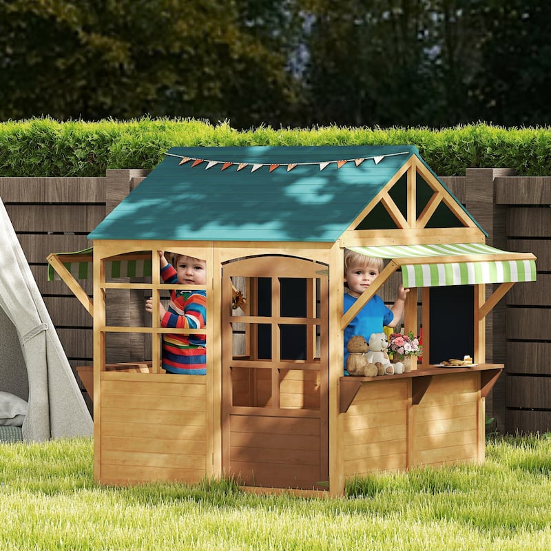 Qaba Foldable Outdoor Playhouse, Wooden Kids Cottage with Windows, Working Door, Snack Bars, for Kids 3-8 Years